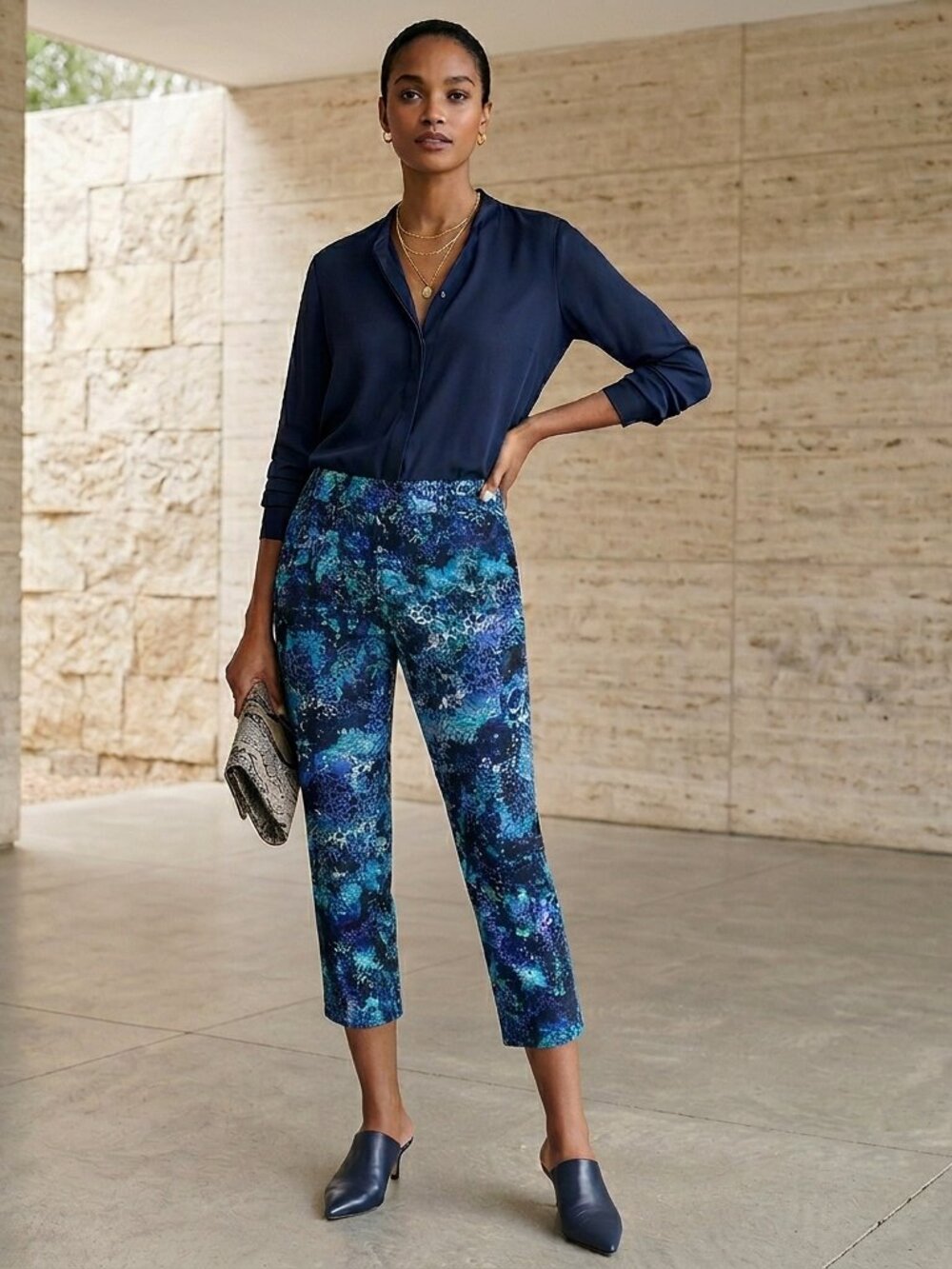 Blue Abstract Mosaic Capri Pants Maximalist Bold contemporary Stretch Extensible